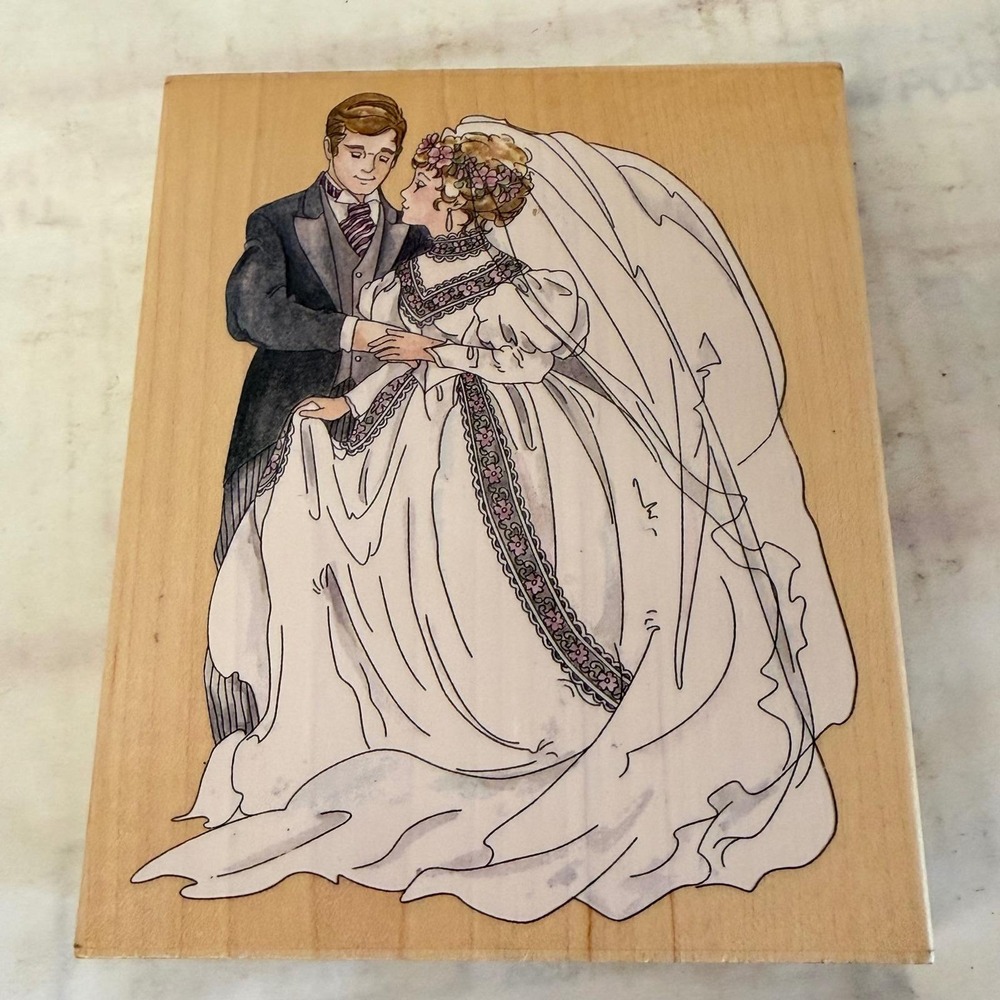 Stamps Happen Inc Wedding Bride Groom Rubber Stamp Wood Mounted Vintage USA